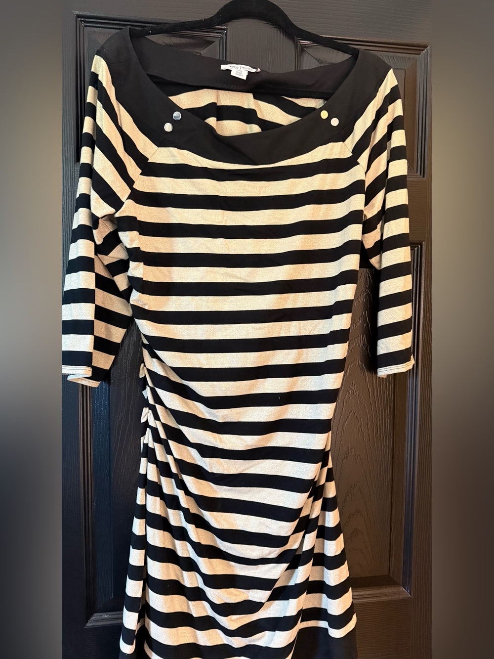 White House Black Market Black and Gold Striped Boatneck Midi Dress